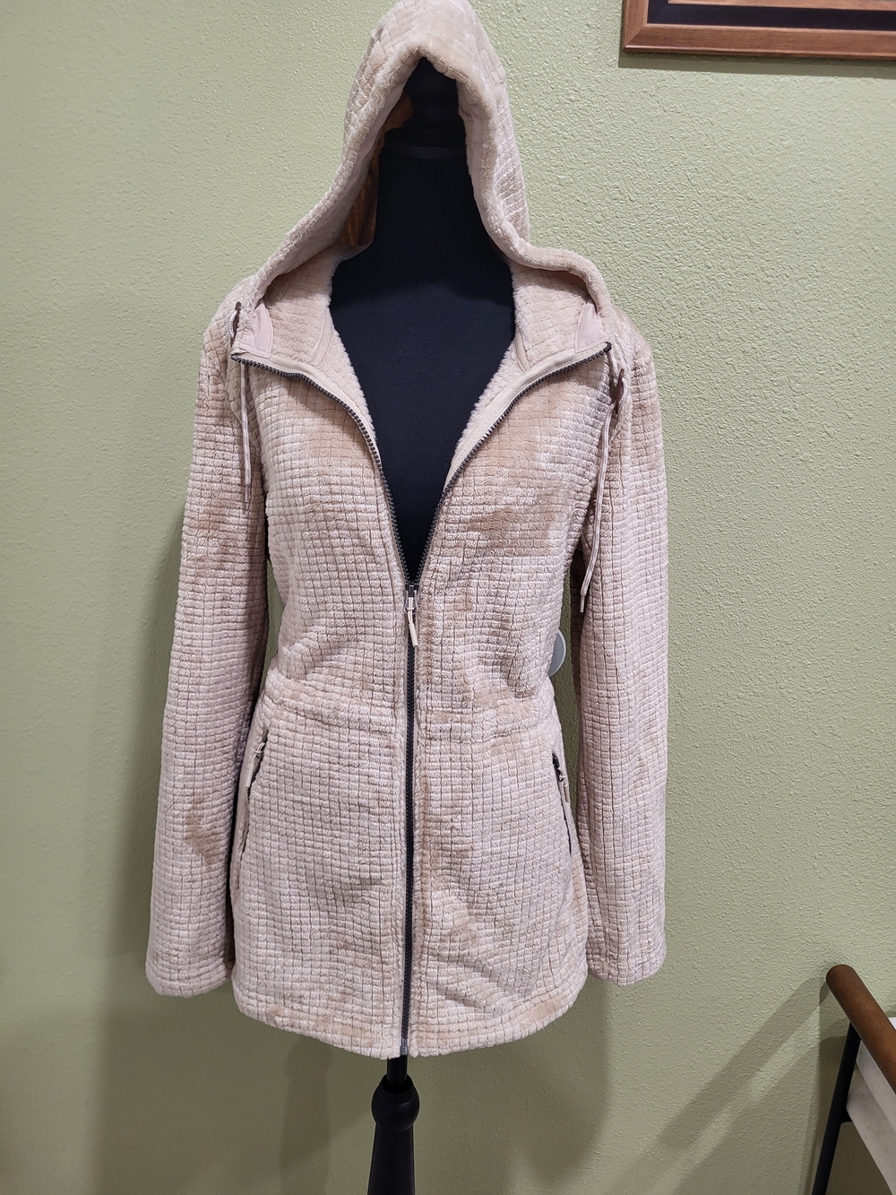 Free Country Women's Grid Butter Pile Anorak Beige Hooded Jacket Size Small. - Picture 2 of 6